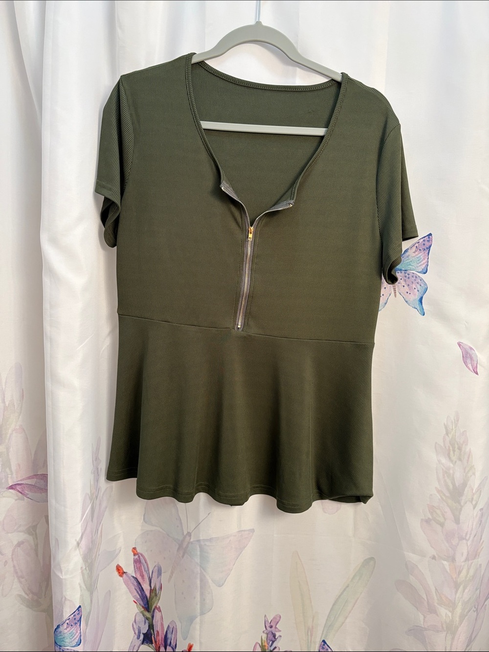 Source Unknown Olive Zip-Front Peplum Tunic